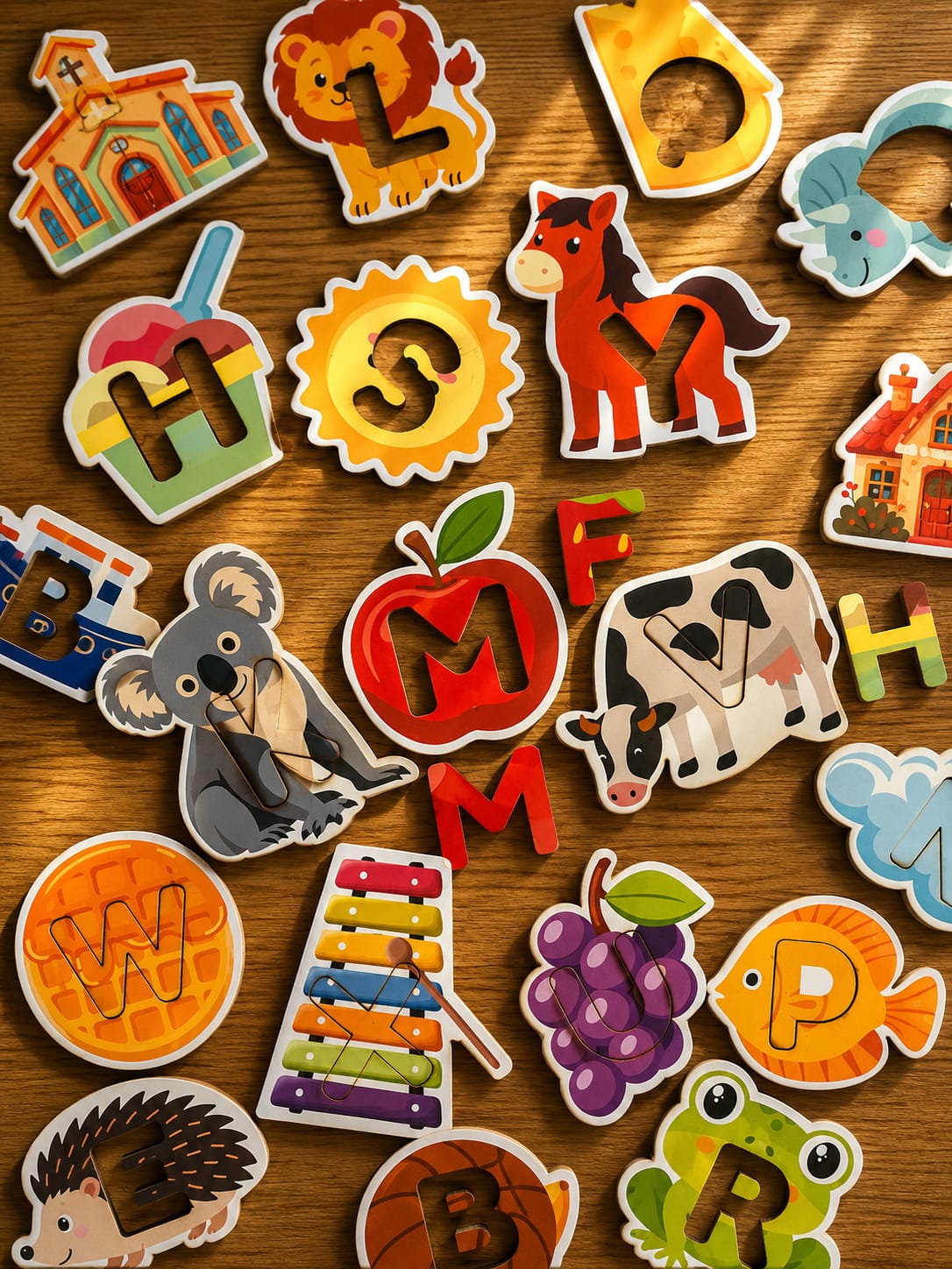 Piezas de animales, objetos y letras del Rompecabezas Abecedario sobre una mesa de madera.