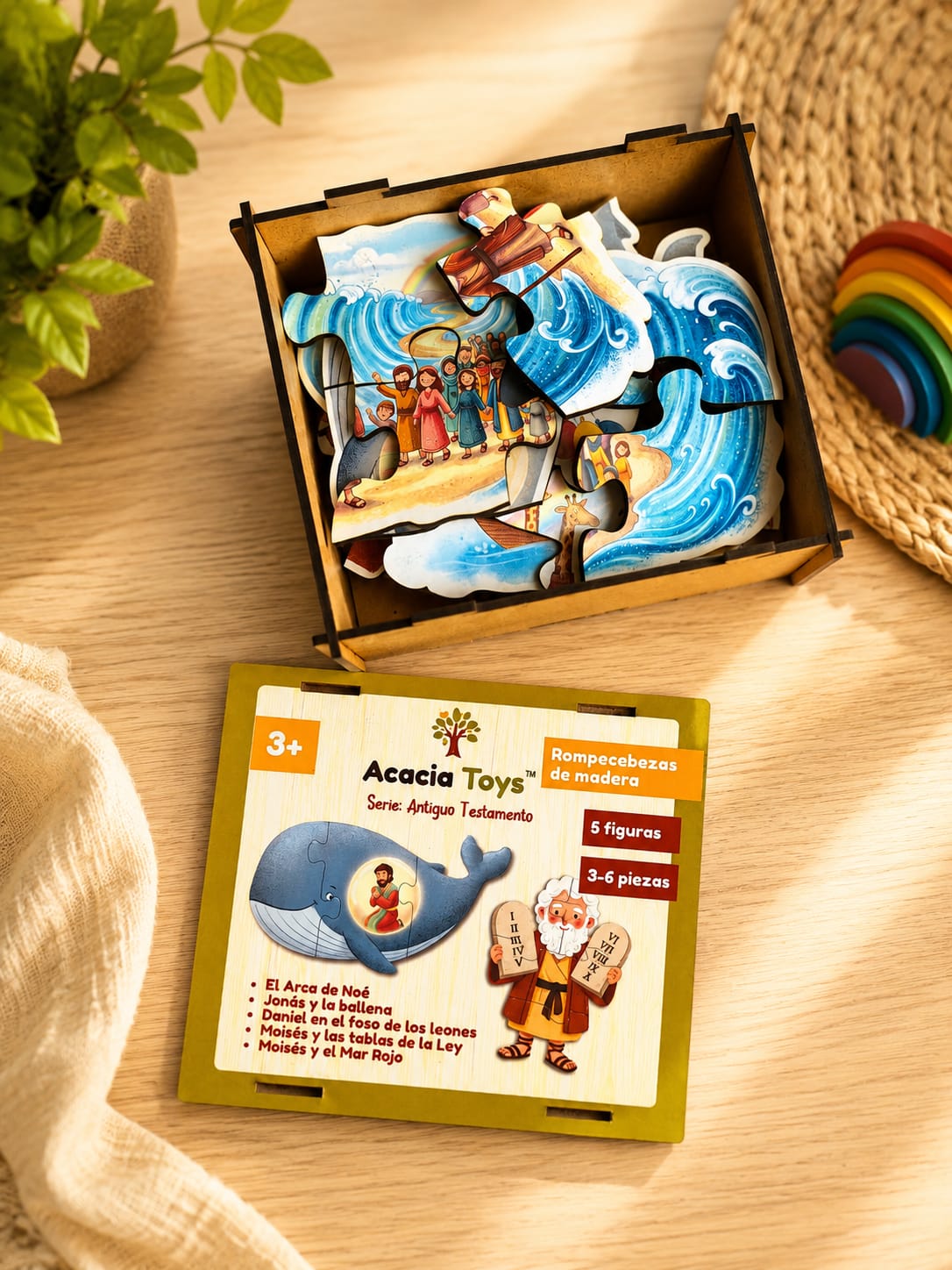 Caja de madera de la Serie Antiguo Testamento con rompecabezas y empaque.